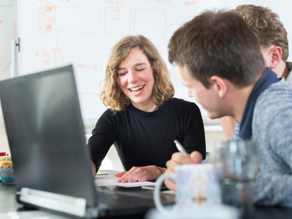 Smiling people working on a computer in an office.