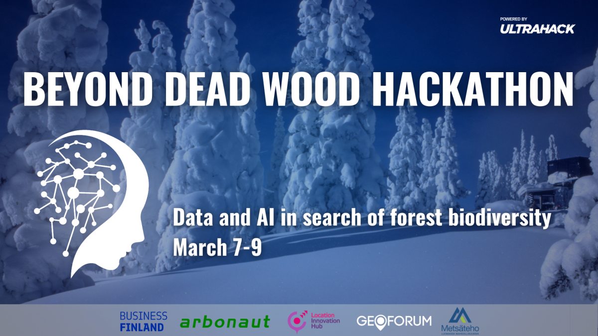 Snowy trees, a graphic portraying artificial intelligence and a text: Beyond Dead Wood Hackathon 7-9 March.