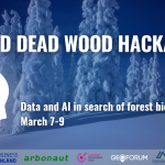 Snowy trees, a graphic portraying artificial intelligence and a text: Beyond Dead Wood Hackathon 7-9 March.