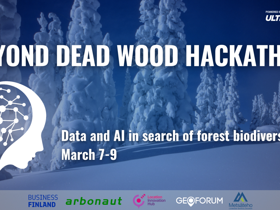 Snowy trees, a graphic portraying artificial intelligence and a text: Beyond Dead Wood Hackathon 7-9 March.