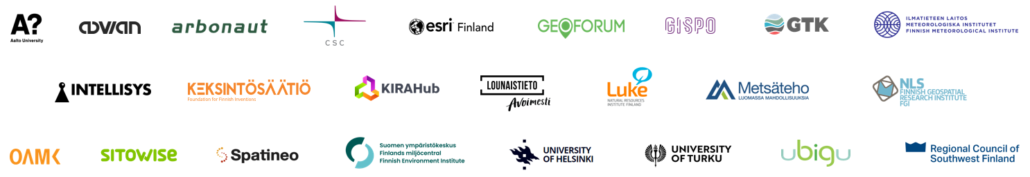 Partners of Location Innovation Hub: Aalto university, Advian, Arbonaut, CSC, Esri Finland, Geoforum, Gispo, GTK, Finnish meteorological institute, Intellisys, Keksintösäätiö, KiraHub, Lounaistieto, Luke, Metsäteho, OAMK, Sitowise, Spatineo, Finnish Environmental Institute, University of Helsinki, University of Turku, Ubigu, Regional counsil of southwest Finland.