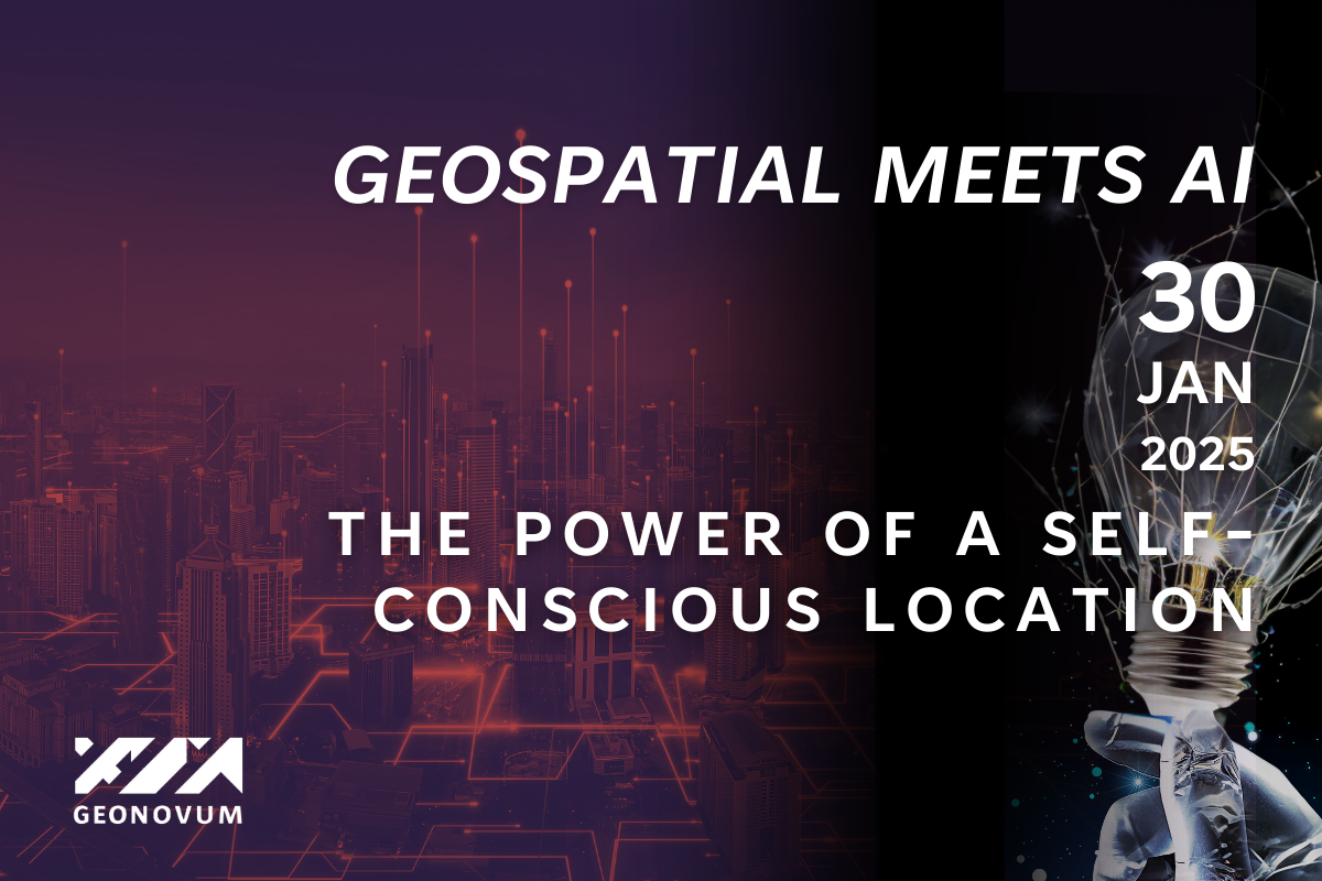 On the dark background, an artificial-looking hand holding a light bulb and a text: Geospatial meets AI: the power of a self-concious location.