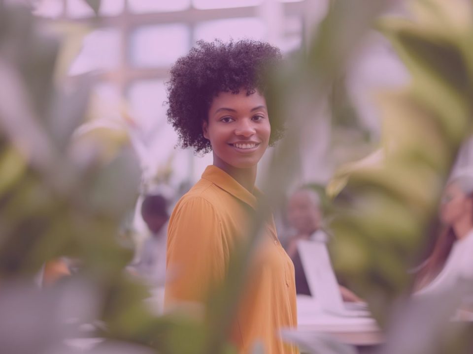 A smiling woman stands in an open-plan office, surrounded by green indoor plants.