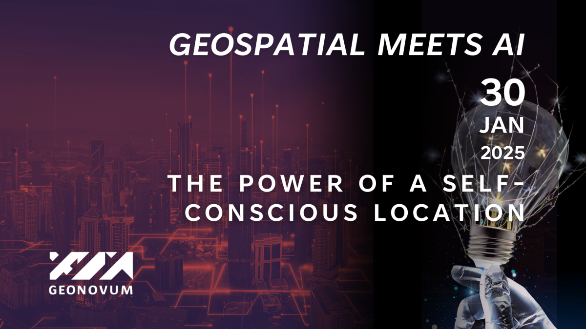 On the dark background, an artificial-looking hand holding a light bulb and a text: Geospatial meets AI: the power of a self-concious location.