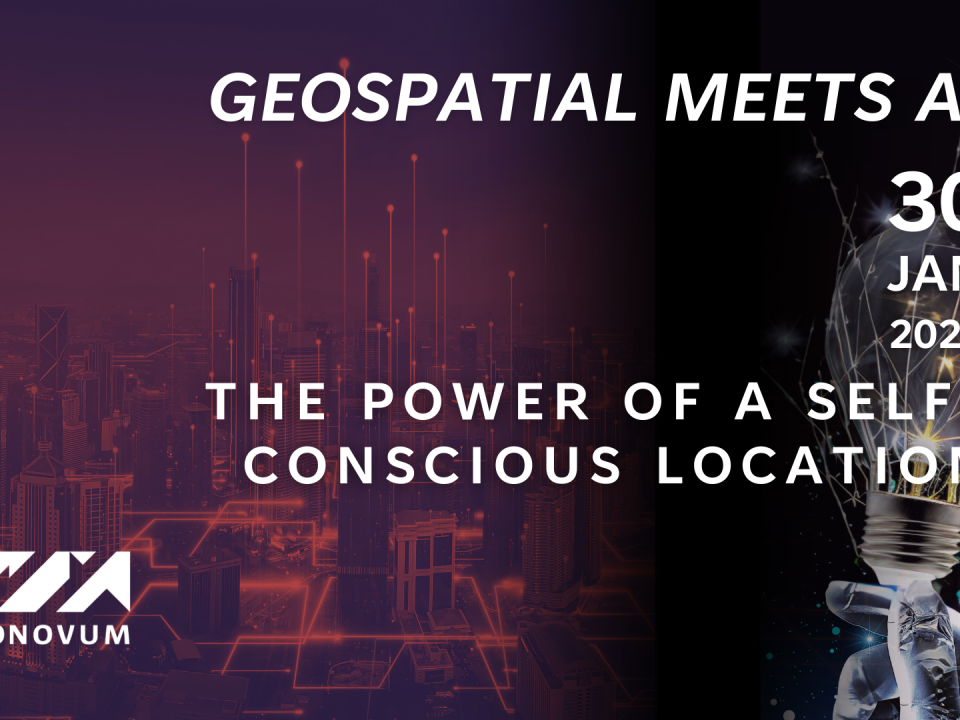 On the dark background, an artificial-looking hand holding a light bulb and a text: Geospatial meets AI: the power of a self-concious location.