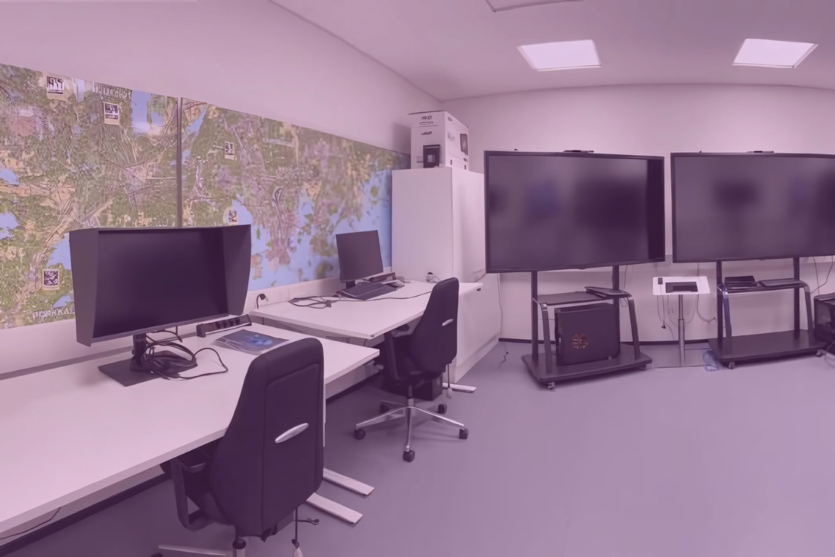 Geovisualisation lab, big computer screens and maps.