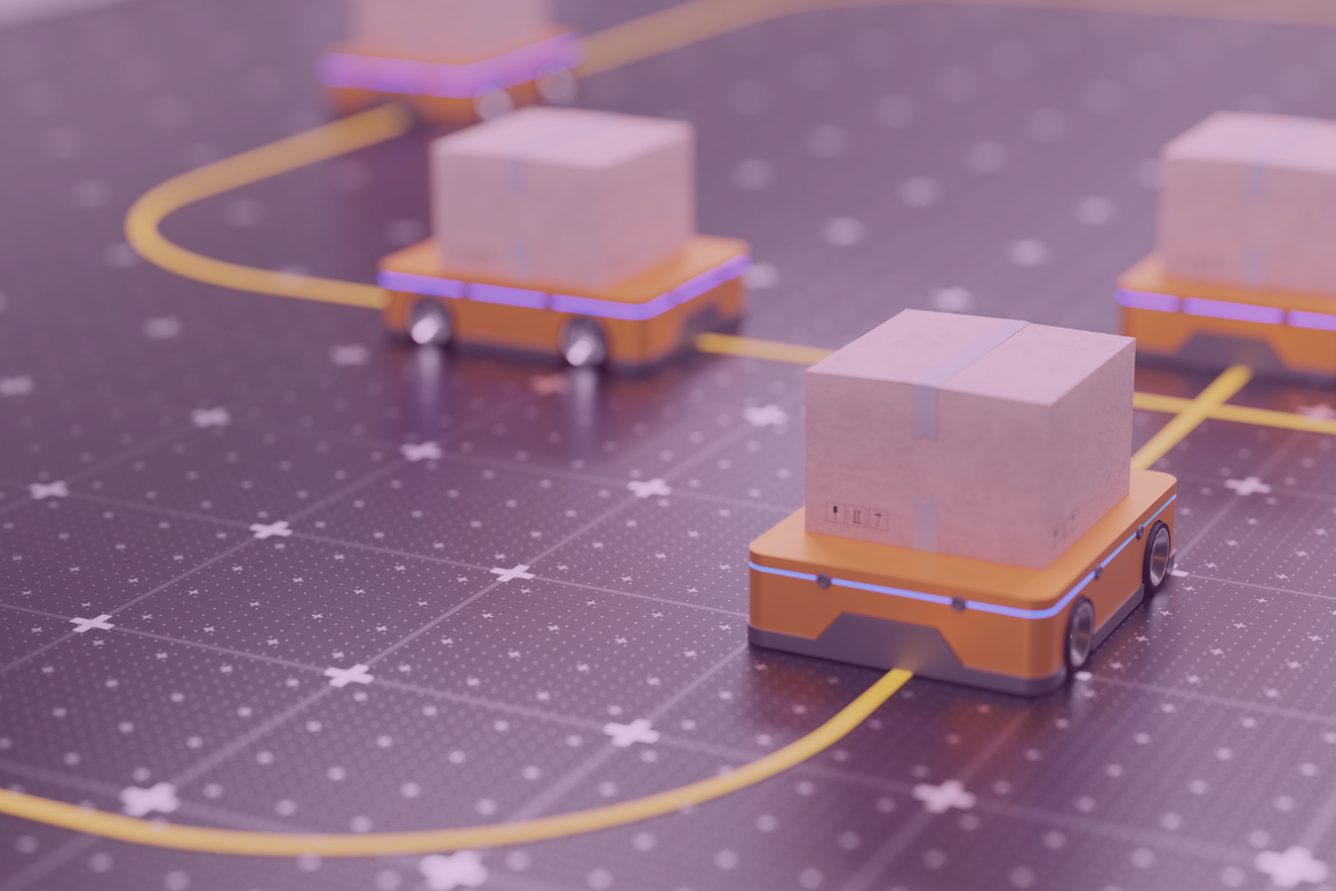 3D-rendered visualisation of automatic robots delivering boxes in a logistics centre.