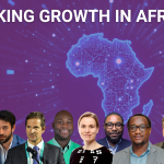 African map in blue on a black canvas, unlocking krowth in Africa and photos of speakers.