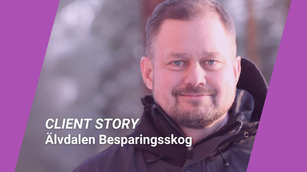 Client story: Älvdalen Besparkingsskog and a photo of Nils standing in a forest.