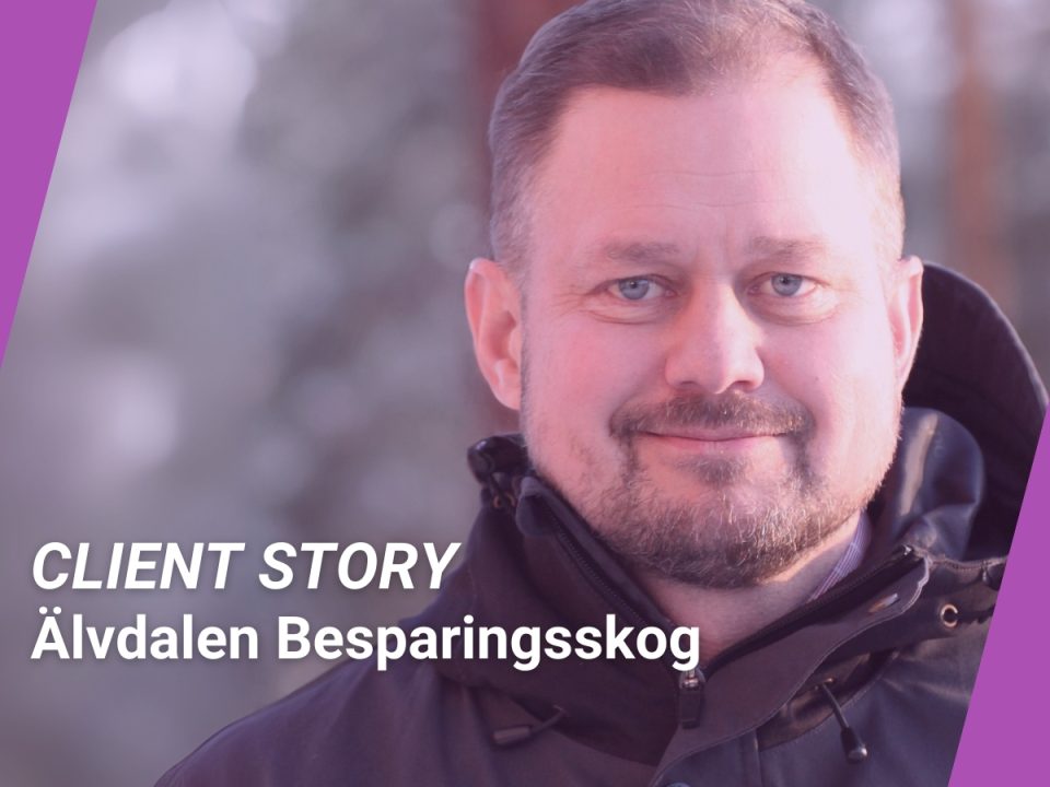 Client story: Älvdalen Besparkingsskog and a photo of Nils standing in a forest.