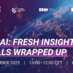 Promotional banner for an online event titled “GeoAI: Fresh Insights & Skills Wrapped-Up.” The background shows a digital globe with glowing network connections in orange and blue tones. At the top are logos for Location & AI, Location Innovation Hub, EDIH European Digital Innovation Hubs Network, and the European Union. Event details at the bottom read: “1 December 2025 | 11:00–12:00 CET | Online.