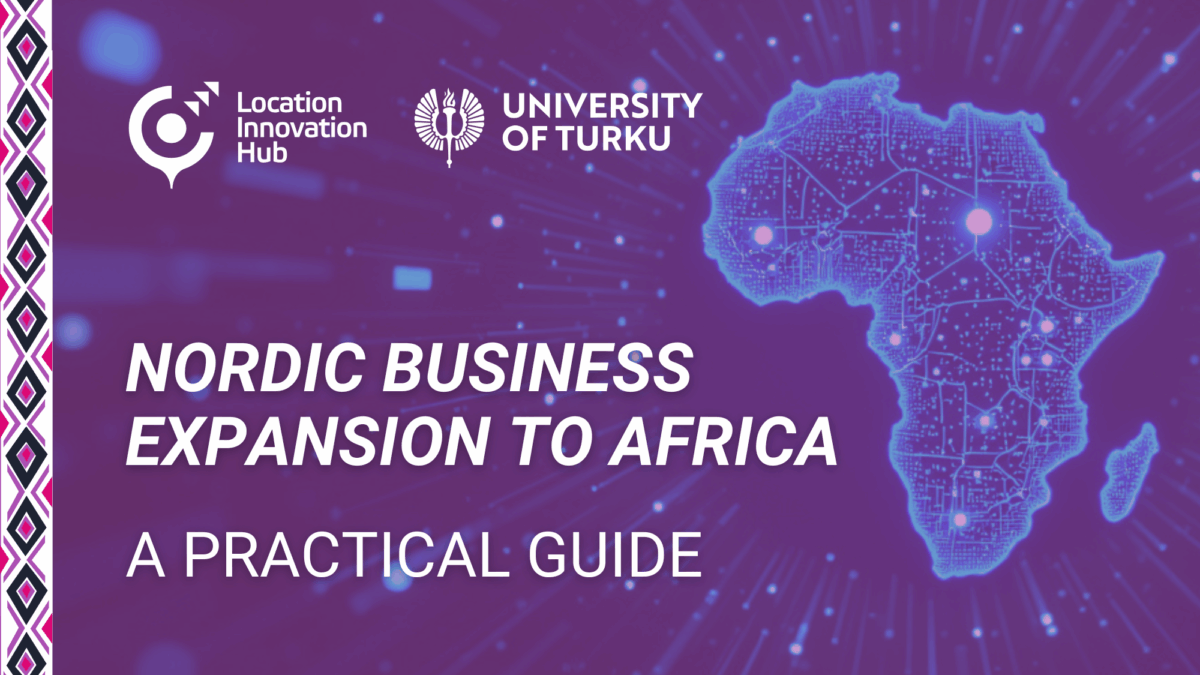 Cover image for a guide titled 'Nordic Business Expansion to Africa: A Practical Guide'. The design features a digital map outline of Africa with glowing network nodes on a purple background. Logos of Location Innovation Hub and University of Turku appear at the top left, and a patterned vertical border runs along the left edge.