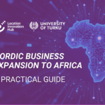 Cover image for a guide titled 'Nordic Business Expansion to Africa: A Practical Guide'. The design features a digital map outline of Africa with glowing network nodes on a purple background. Logos of Location Innovation Hub and University of Turku appear at the top left, and a patterned vertical border runs along the left edge.