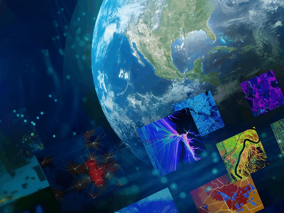 Maapallo avaruudesta katsottuna, taustalla sinisävyinen digitaalinen ympäristö. Etualalla näkyy useita värikkäitä neliömäisiä kuvioita ja karttoja, jotka esittävät erilaisia tietoja ja visualisointeja, kuten topografisia karttoja, verkostoja ja abstrakteja datakuvia.