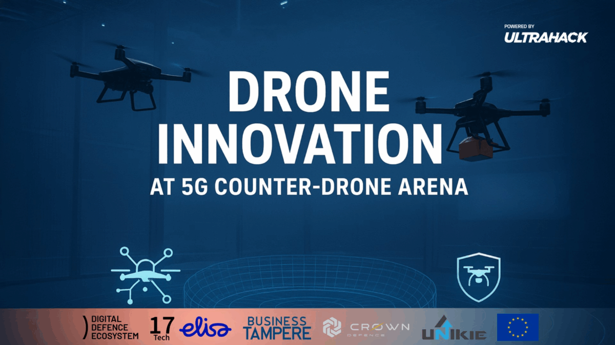 A promotional graphic featuring two drones flying in a dark blue arena. The central text reads: “Drone Innovation at 5G Counter-Drone Arena.” At the top right, there is a small logo with the words “Powered by Ultrahack.” At the bottom, there are logos of various partners, including Digital Defence Ecosystem, Elisa, Business Tampere, Crown, Unikie, and the European Union. The design includes a tech-themed illustration of a drone and a shield icon.