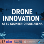 A promotional graphic featuring two drones flying in a dark blue arena. The central text reads: “Drone Innovation at 5G Counter-Drone Arena.” At the top right, there is a small logo with the words “Powered by Ultrahack.” At the bottom, there are logos of various partners, including Digital Defence Ecosystem, Elisa, Business Tampere, Crown, Unikie, and the European Union. The design includes a tech-themed illustration of a drone and a shield icon.