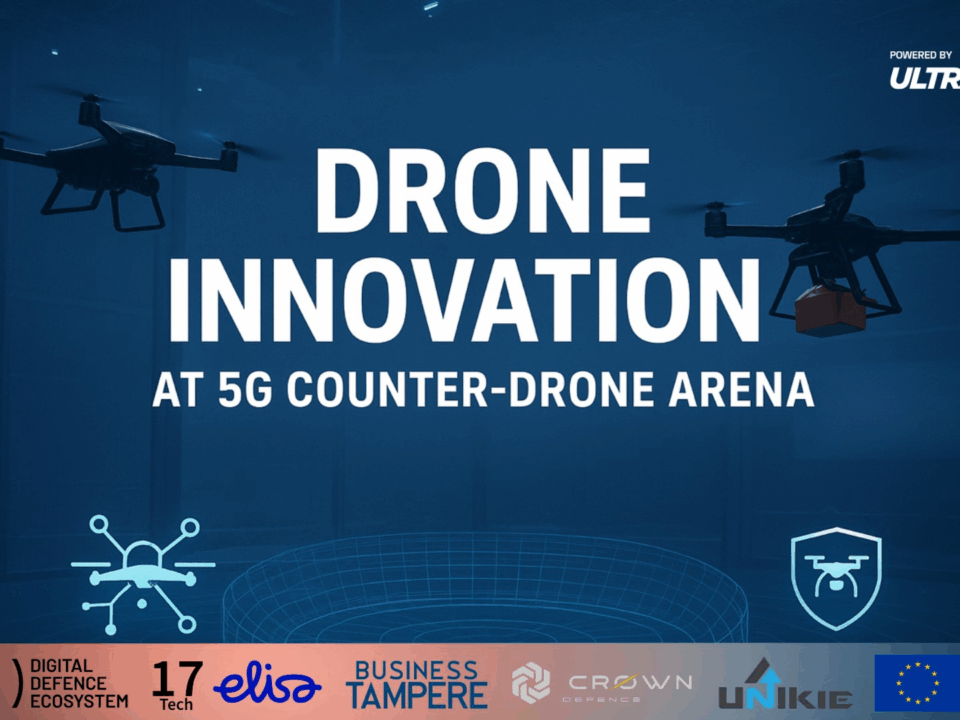 A promotional graphic featuring two drones flying in a dark blue arena. The central text reads: “Drone Innovation at 5G Counter-Drone Arena.” At the top right, there is a small logo with the words “Powered by Ultrahack.” At the bottom, there are logos of various partners, including Digital Defence Ecosystem, Elisa, Business Tampere, Crown, Unikie, and the European Union. The design includes a tech-themed illustration of a drone and a shield icon.