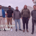 Five people standing on a patterned outdoor surface with modern architectural structures in the background. Text on the image reads: 'CLIENT STORY Make A BIM'. Purple borders frame the left and right sides.