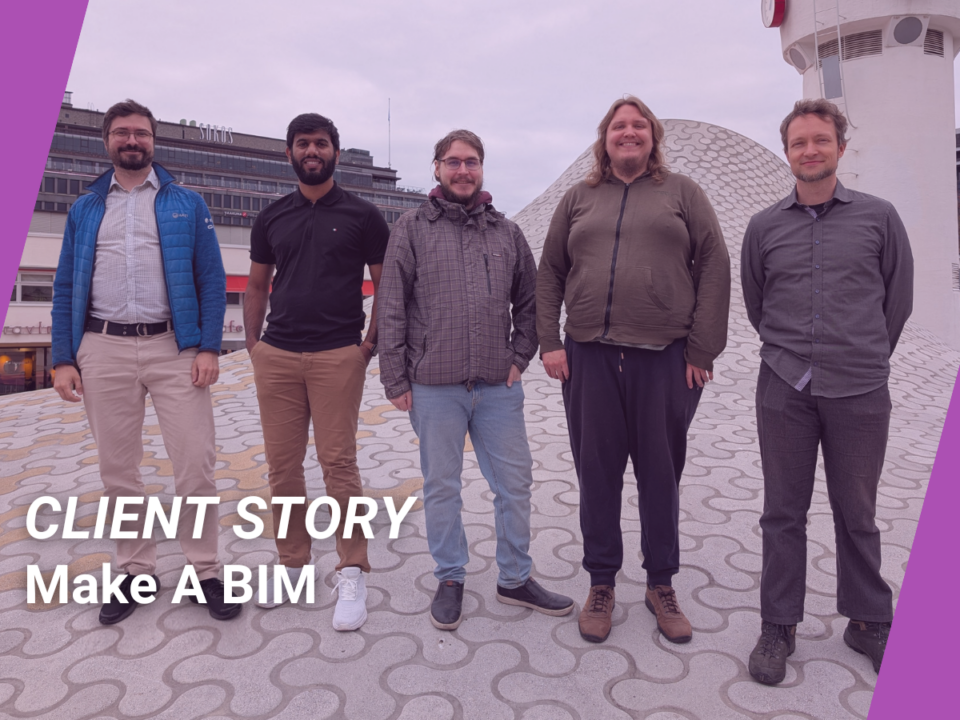 Five people standing on a patterned outdoor surface with modern architectural structures in the background. Text on the image reads: 'CLIENT STORY Make A BIM'. Purple borders frame the left and right sides.