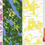 Four different map visualisations side by side. From left to right: a detailed urban map with buildings in pink, a satellite-style map showing green forests and blue lakes, a land-use map with yellow highlighted areas over a grey base map, and a heatmap of Finland shaded from light yellow in the north to dark red in the south.