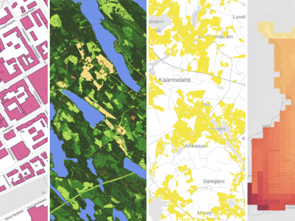 Four different map visualisations side by side. From left to right: a detailed urban map with buildings in pink, a satellite-style map showing green forests and blue lakes, a land-use map with yellow highlighted areas over a grey base map, and a heatmap of Finland shaded from light yellow in the north to dark red in the south.