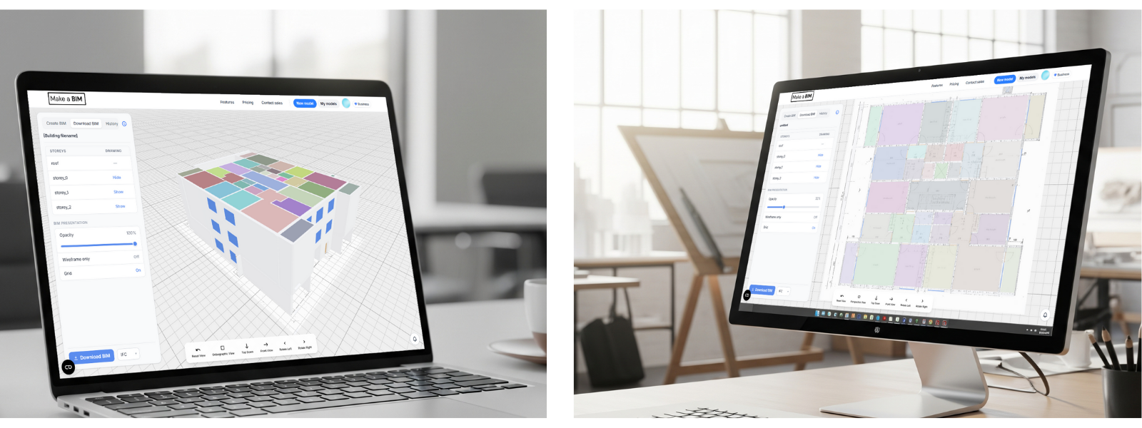 Kaksi tietokonetta, joiden näytöillä on rakennuksen tietomallinnuksen (BIM) sovellus. Vasemman puoleinen kannettava näyttää 3D-mallin rakennuksesta värillisillä osilla, ja oikean puoleinen näyttö näyttää pohjapiirroksen, jossa on useita värillisiä alueita. Molemmilla näytöillä on käyttöliittymäpaneelit asetuksineen ja vaihtoehtoineen.