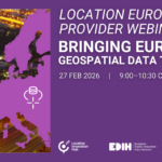 Purple promotional graphic for the Location Europe Data Provider Webinar titled “Bringing European Geospatial Data Together”. The image shows a purple silhouette map of Europe over a night-time city background. Event details read: “27 Feb 2026, 9:00–10:30 CET, online”. The LocationEurope.eu website and logos of Location Innovation Hub, EDIH European Digital Innovation Hub Network, and the European Union appear at the bottom.