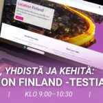 Kannettavan tietokoneen näytöllä näkyy Location Finland -verkkosivusto, jossa on tekstiä ja kuva valaistusta kaupunkimaisemasta. Kuvan alareunassa on violetti banneri, jossa lukee: "Kokeile, yhdistä ja kehitä: Location Finland -testialusta". Bannerissa on myös tapahtumatiedot: "29.1.2026 | klo 9:00–10:30 | Webinaari".