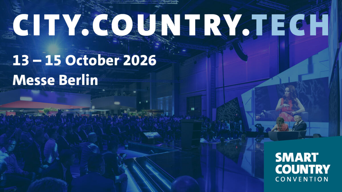Audience and stage area at a technology conference. The image displays the text “CITY.COUNTRY.TECH”, the dates 13–15 October 2026, and the location Messe Berlin. The Smart Country Convention logo appears in the bottom right corner.