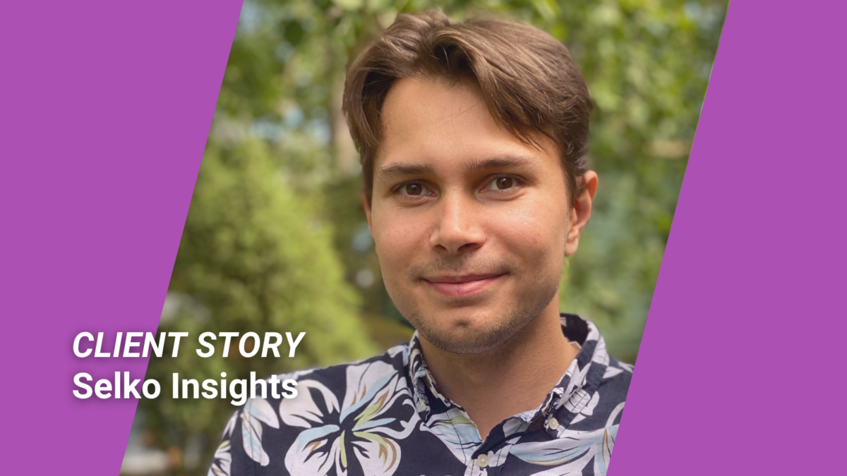 A person looks directly at the camera outdoors with a lush green background. The person is wearing a light-coloured floral shirt. On the left side of the image, there is a purple graphic with white text reading “Customer story Selko Insights.”