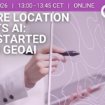 Promotional banner for an online webinar titled “Where Location Meets AI: Get Started with GeoAI,” scheduled for 10 June 2026 from 13:00–13:45 CET. The background shows a close-up of a hand holding a digital pen and interacting with a transparent screen displaying contour map lines. Logos include Location Innovation Hub and a “Co-funded by the European Union” badge, along with a “Location & AI” graphic icon.