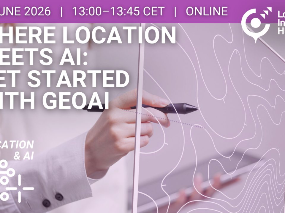 Promotional banner for an online webinar titled “Where Location Meets AI: Get Started with GeoAI,” scheduled for 10 June 2026 from 13:00–13:45 CET. The background shows a close-up of a hand holding a digital pen and interacting with a transparent screen displaying contour map lines. Logos include Location Innovation Hub and a “Co-funded by the European Union” badge, along with a “Location & AI” graphic icon.