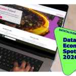 Henkilö käyttää kannettavaa tietokonetta, jonka näytöllä on Location Finland -verkkosivu iltakuvalla kaupungista; oikealla korosteteksti “Datalouden kiinnostavimmat – Data Economy Spotlight 2026”.