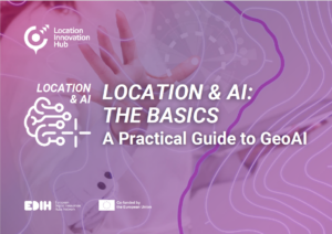 Cover image for a Location Innovation Hub guide. The purple-toned image shows an outstretched hand, contour lines representing geospatial data, and an artificial intelligence icon. The title reads: "Location & AI: The Basics – A Practical Guide to GeoAI". The EDIH network and European Union logos appear at the bottom.