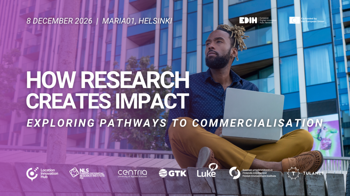 Event banner for “How Research Creates Impact – Exploring Pathways to Commercialisation”, taking place on 8 December 2026 at Maria 01 in Helsinki. A person sits outdoors in front of a modern building with a laptop.
