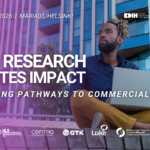 Event banner for “How Research Creates Impact – Exploring Pathways to Commercialisation”, taking place on 8 December 2026 at Maria 01 in Helsinki. A person sits outdoors in front of a modern building with a laptop.