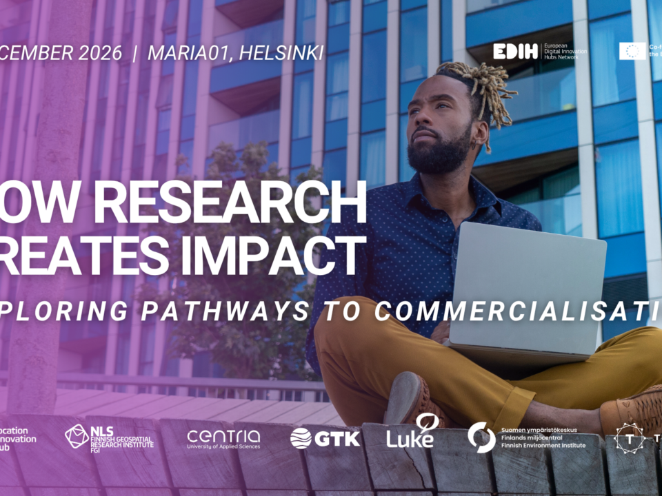 Event banner for “How Research Creates Impact – Exploring Pathways to Commercialisation”, taking place on 8 December 2026 at Maria 01 in Helsinki. A person sits outdoors in front of a modern building with a laptop.