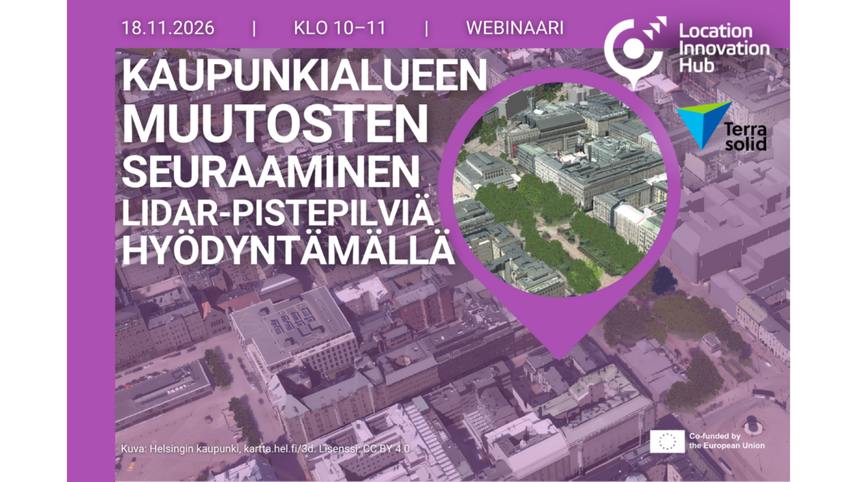 Webinaarimainos: Kaupunkialueen muutosten seuraaminen LiDAR-pistepilviä hyödyntämällä, 18.11.2026 klo 10–11. Kuvituksena ilmakuva kaupunkialueesta ja suurennettu näkymä kaupunkimallista.