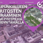 Webinaarimainos: Kaupunkialueen muutosten seuraaminen LiDAR-pistepilviä hyödyntämällä, 18.11.2026 klo 10–11. Kuvituksena ilmakuva kaupunkialueesta ja suurennettu näkymä kaupunkimallista.