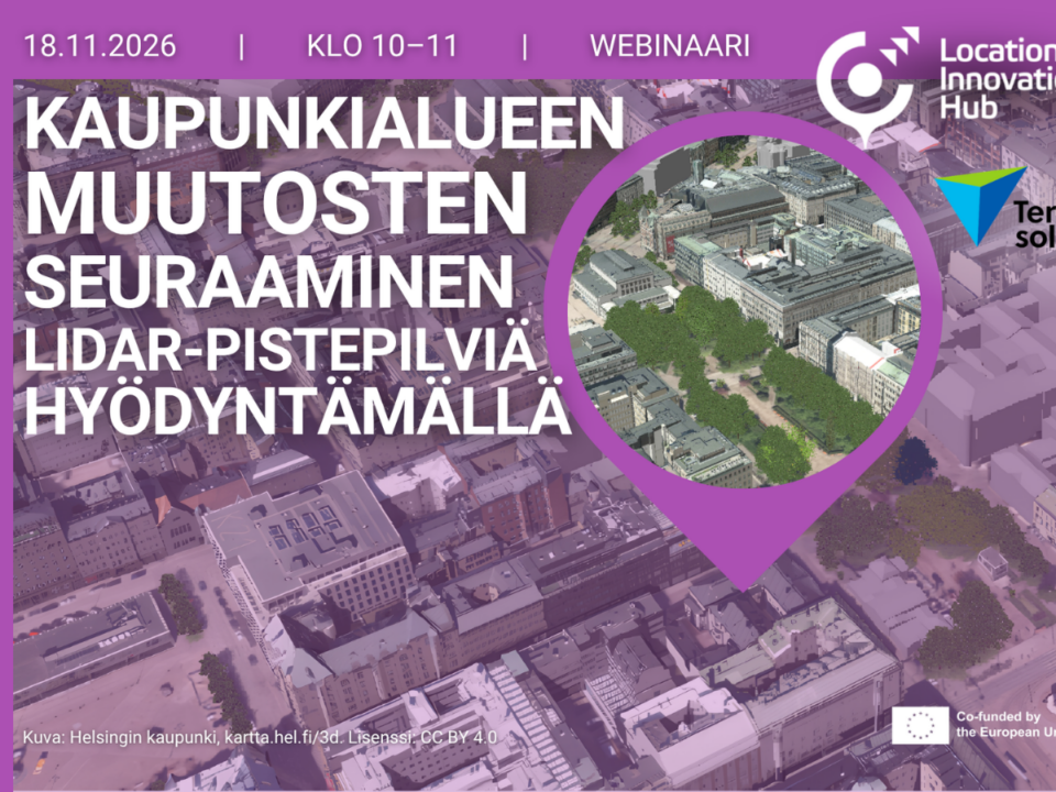 Webinaarimainos: Kaupunkialueen muutosten seuraaminen LiDAR-pistepilviä hyödyntämällä, 18.11.2026 klo 10–11. Kuvituksena ilmakuva kaupunkialueesta ja suurennettu näkymä kaupunkimallista.